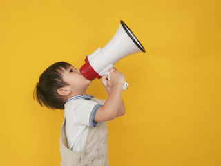 Digital marketing business little boy holding megaphone for website and promotion banners isolted over yellow background.