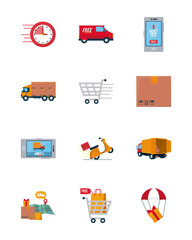 cargo trucks and free delivery icon set, colorful design