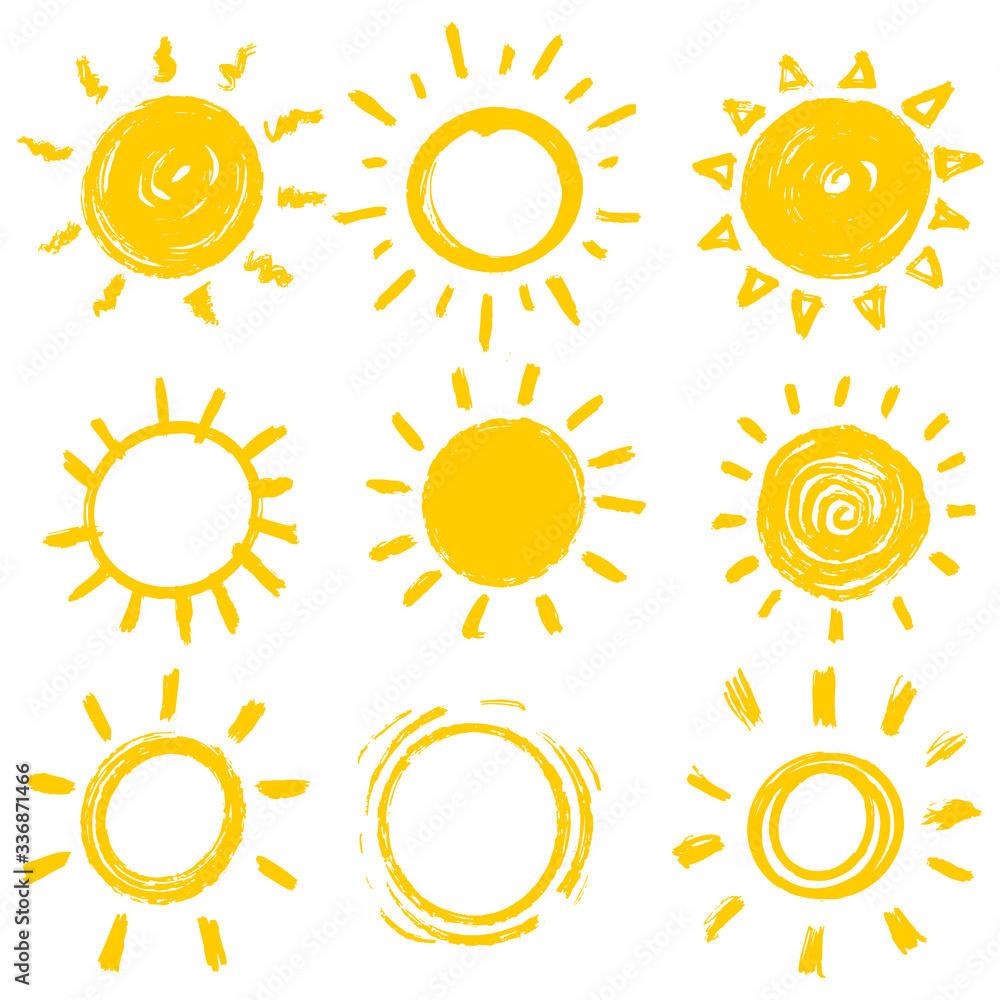 Wall mural set of design elements funny doodle sun. vector illustration.