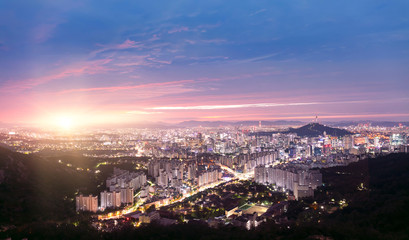 Obraz premium View of Seoul City Skyline and Seoul Tower at Sunrise South Korea
