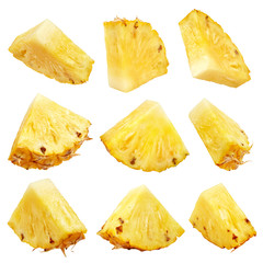 Set of pineapple chunks or pineapple slices isolated on white