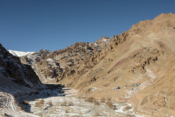 Stok Valley with view of expedition basecamp, snow leopard, Ladakh, India.