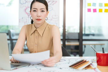 stressful asian female business woman  thinking and focusing on strategy problem solves business ideas concept white modern interior office background