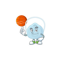 An athletic breathing mask cartoon design style playing basketball