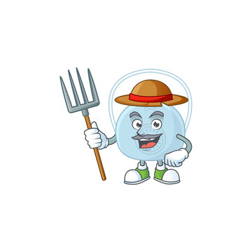 Mascot design style of Farmer breathing mask with hat and pitchfork