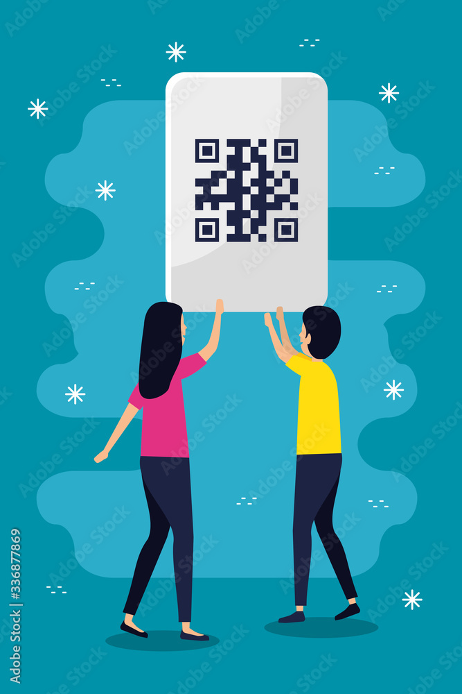 Poster qr code woman and man avatar design of technology scan information business price communication barc