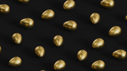 Golden easter eggs on a black background isometric view. 3d illustration.