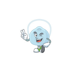 Cheerful breathing mask mascot design with two fingers