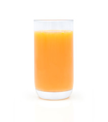 Close-up of Glass squeezed orange juice, yellow color isolated on white background. Organic tropical fruit drink from natural. Concept food is vegetarian for a healthy.