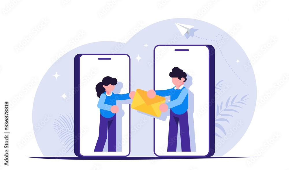 Poster sending messages is a concept. people are handing the envelope out of hand. social media. modern fla