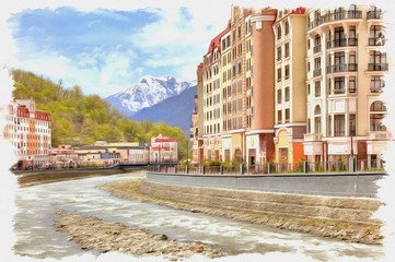 Sochi. The urban-type settlement of Krasnaya Polyana. Imitation of a picture. Oil paint. Illustration