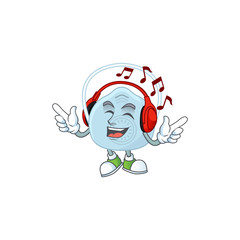 Cartoon mascot design breathing mask enjoying music with headset