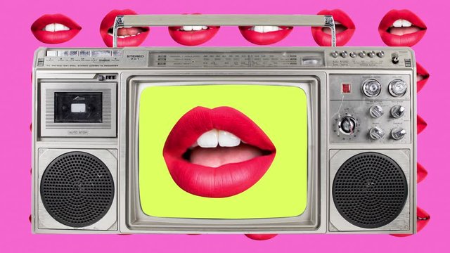 Montage of retro TV sets woman's lips.