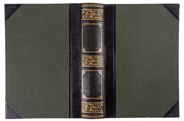 Old opened book's cover isolated on white. Textile binding with leather accents and gold embossed pattern. © Antibydni