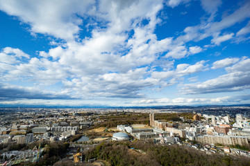 Cityscape of Nagoya bird eye aerial view in cloudy blue sky day