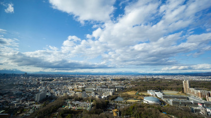 Cityscape of Nagoya bird eye aerial view in cloudy blue sky day