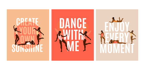 Vector set of quote typographical background with hand drawn illustration of girls  isolated. Template for card, poster, banner, print for t-shirt, pin, badge, patch.