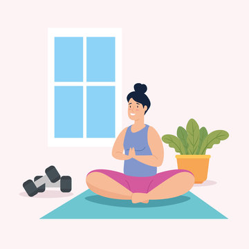 woman doing yoga in the house vector illustration design