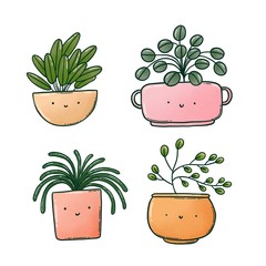 Potted Cute Plants -  Digital hand drawn illustration of four cute smiling potted green plants.