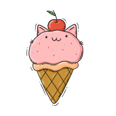 Kitty Ice cream -  Digital hand drawn illustration of a cute pink cat ice cream with a cherry on the top.