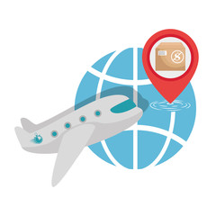 airplane delivery with globe sphere and box vector illustration design