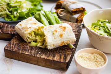 Dieting vegan wraps with vegetables. Vegetarian food