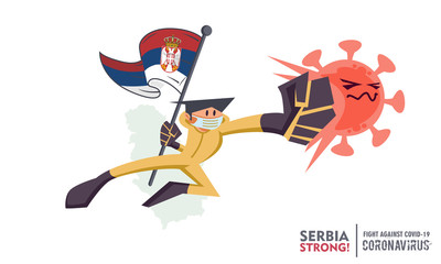 Person with biohazard suit holding national flag fighting coronavirus pandemic or coronavirus outbreak 2019 COVID-19. National map on background. Scalable and editable vector illustration.
