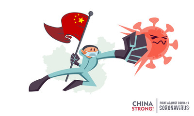 Person with biohazard suit holding national flag fighting coronavirus pandemic or coronavirus outbreak 2019 COVID-19. National map on background. Scalable and editable vector illustration.