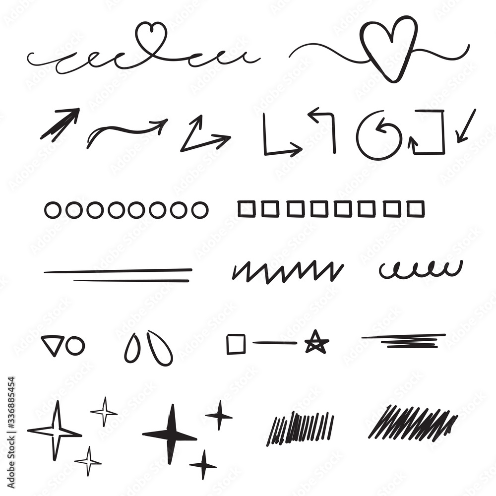 Wall mural hand drawn set of doodle elements. black and white linear pattern. sketch style vector collection. c