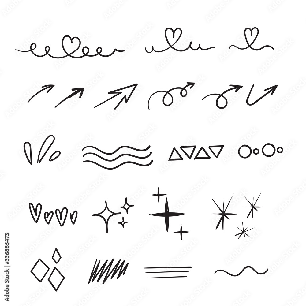 Wall mural hand drawn set of doodle elements. black and white linear pattern. sketch style vector collection. c