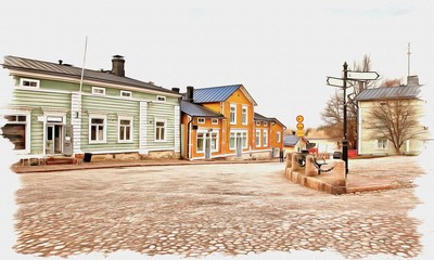 City of Porvoo. Imitation of a picture. Oil paint. Illustration