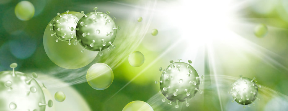 Abstract image of coronaviruses on a green background.