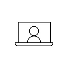 Computer screen icon with a live broadcast on a streaming channel with a symbol of a person having a video call or online conference meeting.