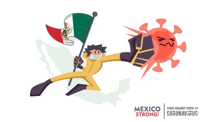 Person with biohazard suit holding national flag fighting coronavirus pandemic or coronavirus outbreak 2019 COVID-19. National map on background. Scalable and editable vector illustration.