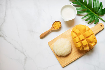 Thai sweet sticky rice with mango. Thai style tropical dessert, glutinous rice eat with mango. Copy space for text.