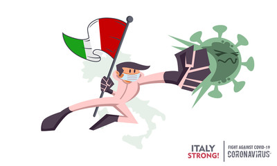 Person with biohazard suit holding national flag fighting coronavirus pandemic or coronavirus outbreak 2019 COVID-19. National map on background. Scalable and editable vector illustration.