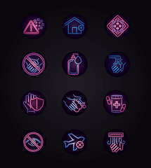 covid 19 coronavirus pandemic disease respiratory medical icons set neon style icon