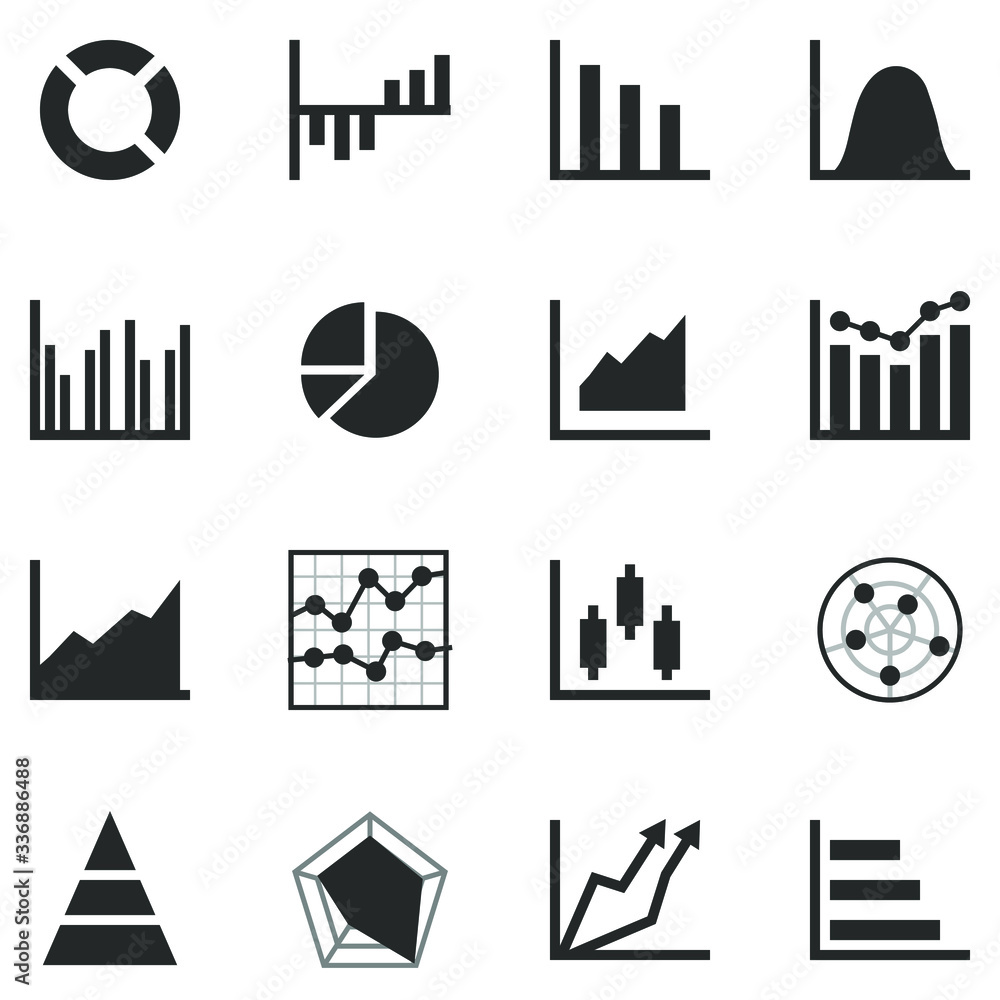 Poster set of graph chart reporting silhouette icon, thin line vector illustrator.