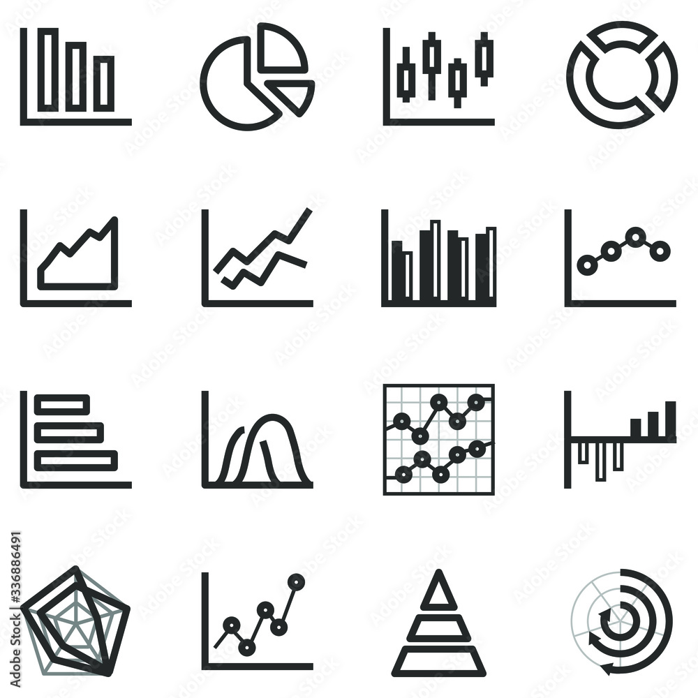 Poster set of graph chart reporting outline icon, thin line vector illustrator.