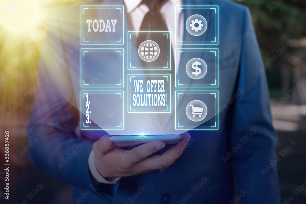 Poster text sign showing we offer solutions. business photo text way to solve problem or deal with difficul