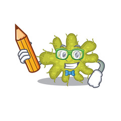 Obraz premium A brainy student bacterium cartoon character with pencil and glasses