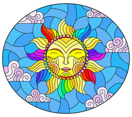 Illustration in stained glass style with fabulous sun with the face on the background of sky and clouds, oval image