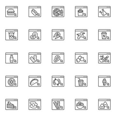 Fast food ordering line icons set. linear style symbols collection, outline signs pack. Food delivery service vector graphics. Set includes icons - hamburger, sushi rolls, soda drinks, vegetable salad