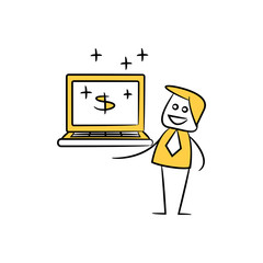 businessman holding laptop and dollar symbol for making money online yellow stick figure design