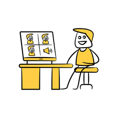 doodle man teleconference, working from home yellow doodle theme