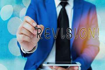 Word writing text Revision. Business photo showcasing action of revising over someone like auditing...