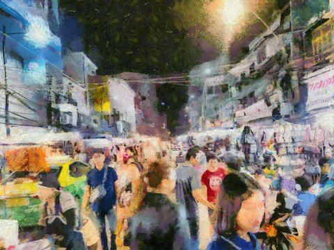 Weekend market in Bangkok Illustrations creates an impressionist style of painting.