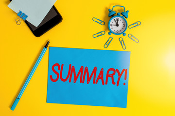Text sign showing Summary. Business photo showcasing brief statement or account of main points of...
