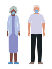 Elder woman and man with masks against Covid 19 vector design