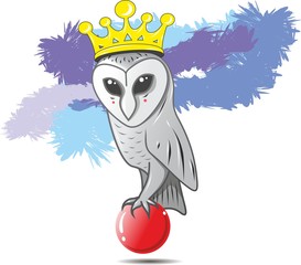 Royal owl queen in a crown with makeup sits on a red flying ball against a background of purple, lilac, blue forest
